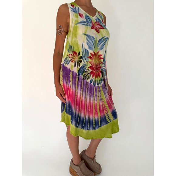 90s vintage floral tie dye hand painted boho beach flowy umbrella dress one size - Picture 6 of 9